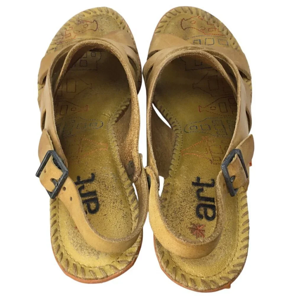 The Art Company Platform Sandals Golden Yellow Leather Wooden Heels Size 39 / 8